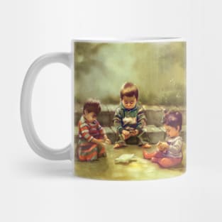 Three kids feeding a pidgeon Mug